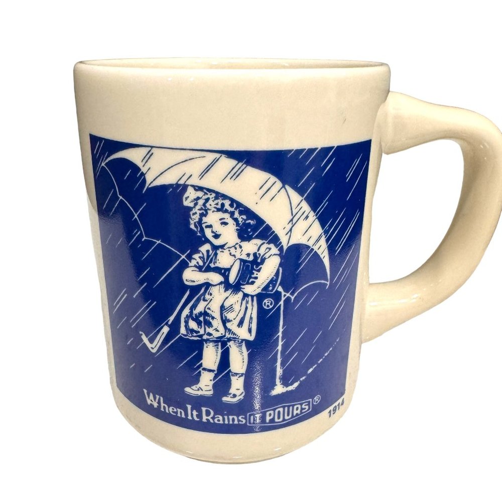 Vintage Morton Salt 1914 When It Rains It Pours Coffee Mug Cup Logo Girl